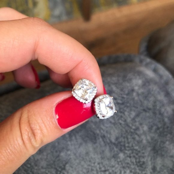 Silver Diamond Halo Cushion Stud Earrings, NEW - Picture 3 of 10